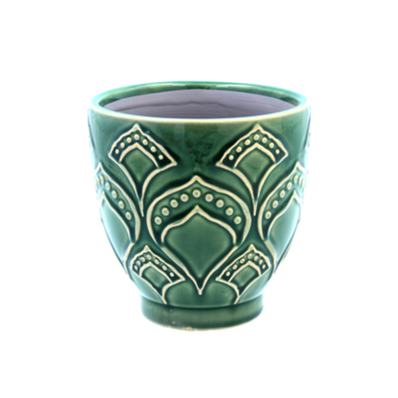 Green Damask Design Ceramic Pot Cover. The Perfect Addition To Your Home Or Garden. By Gisela Graham.